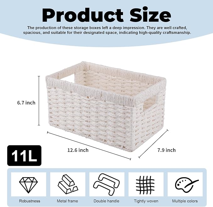 OIAHOMY Wicker Baskets, Paper Rope Storage Baskets for Organizing with Built-in Handles, 2 Packs-White