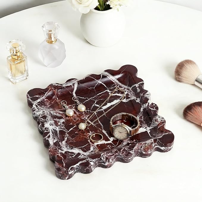 Elegant Square Marble Decorative Tray with Scalloped Edge Natural Stone Vanity Tray Organizer for Counter, Vanity, Dresser, Nightstand, Bathroom & Kitchen Sink(Rosso Lepanto)
