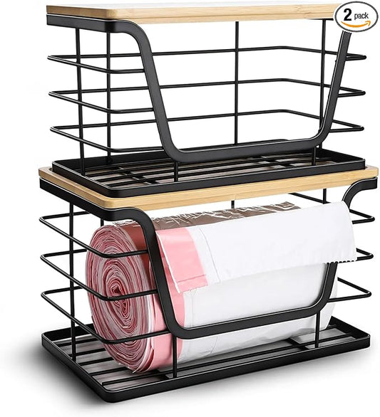 2 Pack Trash Bag Dispenser & Garbage Holder – Stackable Wall Mount Storage Organizer with Bamboo Top, No Drill Roll Holder for Kitchen, Bathroom, Laundry & Under Sink Countertop Organization