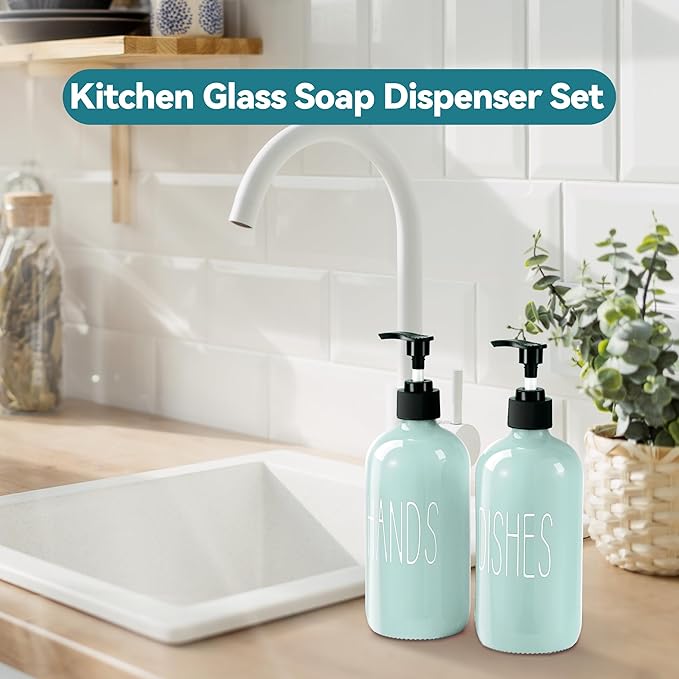 Glass Soap Dispenser Set 2 Pack,16 Oz Dish Soap Dispenser for Kitchen Sink,Green Kitchen Accessories and Kitchen Decor,Green Decorations and Kitchen Utensils for Kitchen