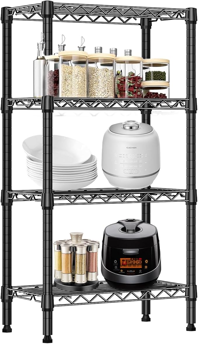 Heavy Duty Stainless Steel Kitchen Storage Rack, Adjustable Shelf Organizer with Non-Slip Mats, Black, for Cabinets, Countertops, Pantries (4-Tier Rack)
