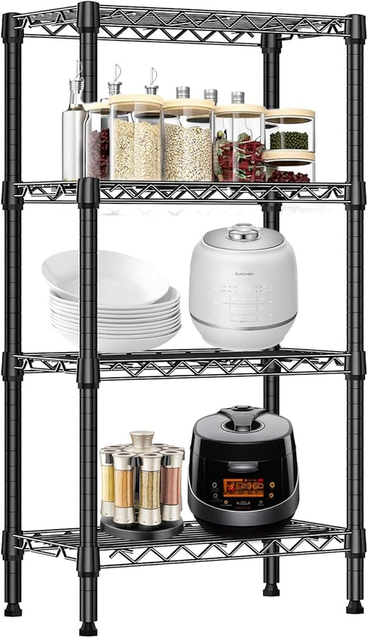 Heavy Duty Stainless Steel Kitchen Storage Rack, Adjustable Shelf Organizer with Non-Slip Mats, Black, for Cabinets, Countertops, Pantries (4-Tier Rack)