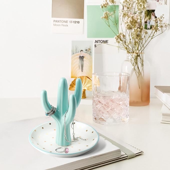 PUDDING CABIN Cactus Ring Holder, Birthday Gift for Women Her Mom Friend Female, Macaron Jewelry Dish with Dots Ins Room Decor Jewelry Dish for Rings Earrings Bracelets Necklace Organizerâ¦