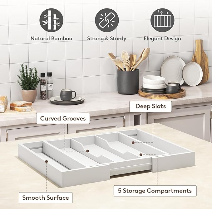 Lifewit Utensil Organizer for Kitchen Drawer, Expandable Cooking Utensil Tray, Cutlery Silverware Flatware Holder, Wood Adjustable Spatula Tools Storage Divider, 13-22x15/ 33-56x38cm, White