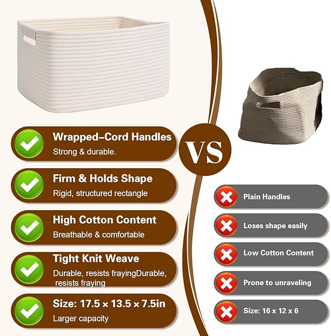 2 Pack Large Storage Basket for Organizing, 17"x12"x7.5" Woven Basket for Shelves, Closet Cube Storage Bins with Wrapped Handle, Cotton Rope Baskets for Kitchen, Clothes, Toys(Off White)