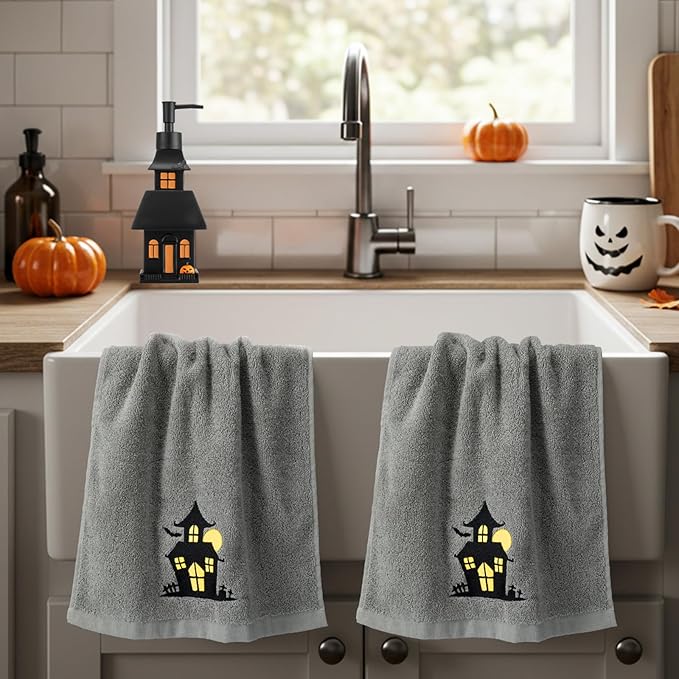 4 Pcs Halloween Soap Dispenser Bathroom Decoration Glowing Castle Soap Dispenser Lotion Pump Halloween Hand Towels with Gift Box Set for Home Bath Kitchen Accessories