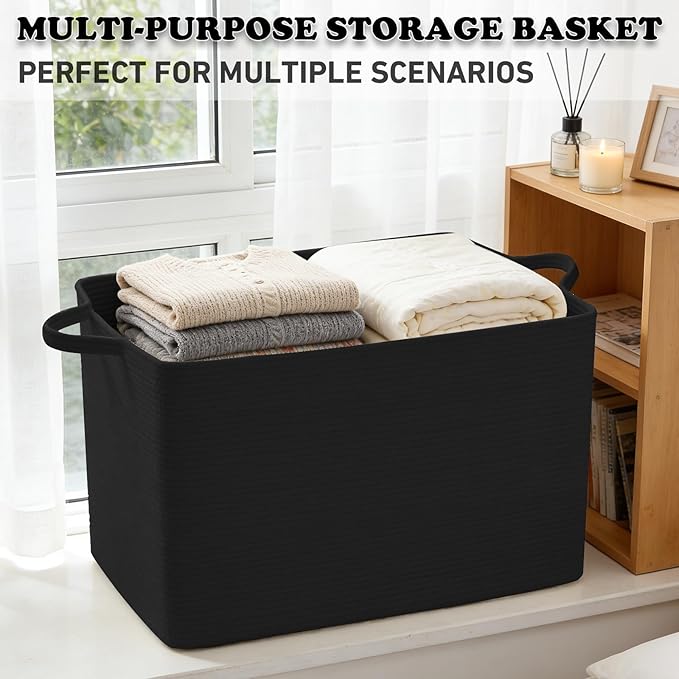 Magazine & Newspaper Baskets,Large Woven Rope Blanket Basket,24"x16"x15"Storage Bin with Handle,Toys Storage,Laundry Basket for Home Organization/Living Room/Nursery/Bedroom,Black