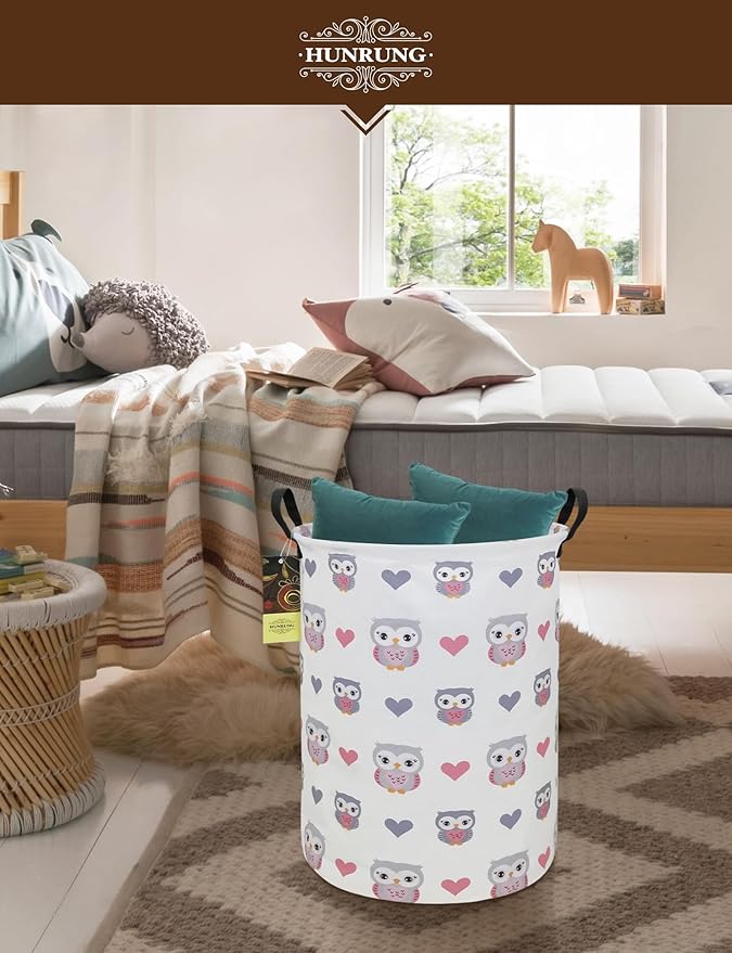 HUNRUNG Laundry Hamper,Large Canvas Fabric Lightweight Storage Basket Toy Organizer Dirty Clothes Collapsible Waterproof for College Dormsï¼Round-Love Owlï¼