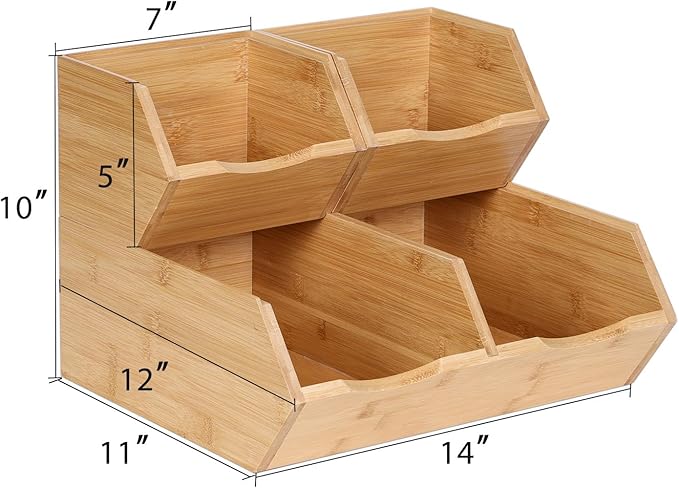 Bamboo Stackable Pantry Storage Bins, Kitchen Pantry Organizers and Storage, Potato and Onion Storage Bin, Wood Pantry Baskets for Produce, Fruits, Vegetable and Bread, Set 3 Pieces