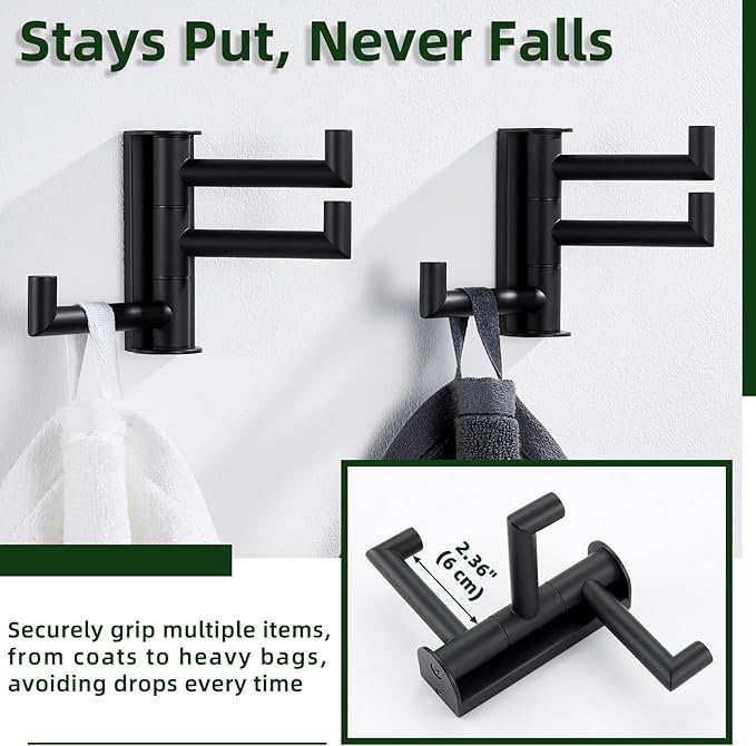 APLusee Matte Black Swivel Towel Hooks for Bathroom 2 Pack, 304 Stainless Steel Foldable Coat Hooks with Multi 3 Arms, Heavy Duty Robe Towel Holders Wall Mounted