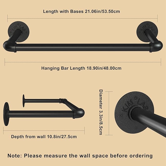 Wall Mounted Clothes Rack 21.06in, Industrial Pipe Wall Mount Clothing Rack, Heavy Duty Iron Garment Racks, Space Saver Multi-purpose Hanging Rod for Laundry Room, Closet Storage, 1 Pack