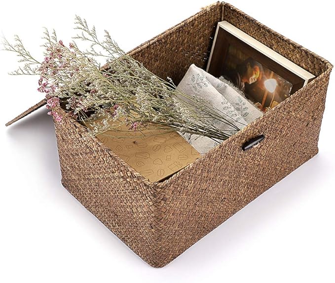 Hipiwe Set of 3 Natural Seagrass Storage Baskets with Lid - Large Handwoven Wicker Storage Bins Rectangular Household Organizer Boxes Shelf Wardrobe Organizer, Coffee