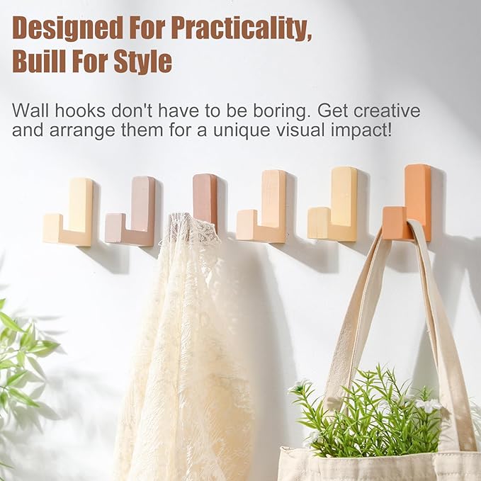 6 Pack Cute Kids Coat Wall Hooks Wooden Adhesive Decorative Colorful Wall Mounted Hangers Backpack Hooks for Hanging Keys Towel Clothes Bathroom Organization(Neutral Colors)