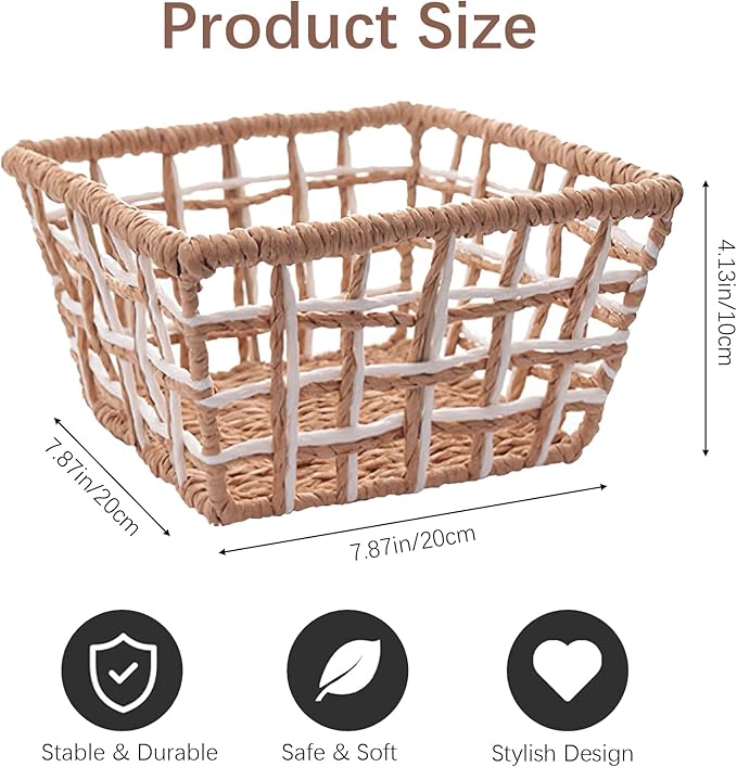 Woven Storage Basket, Rustic Farmhouse Decor, Multi-Purpose Organizer Bin, Countertop & Toilet Tank Basket for Home, Bedroom, Living Room, Entryway (Brown and White)