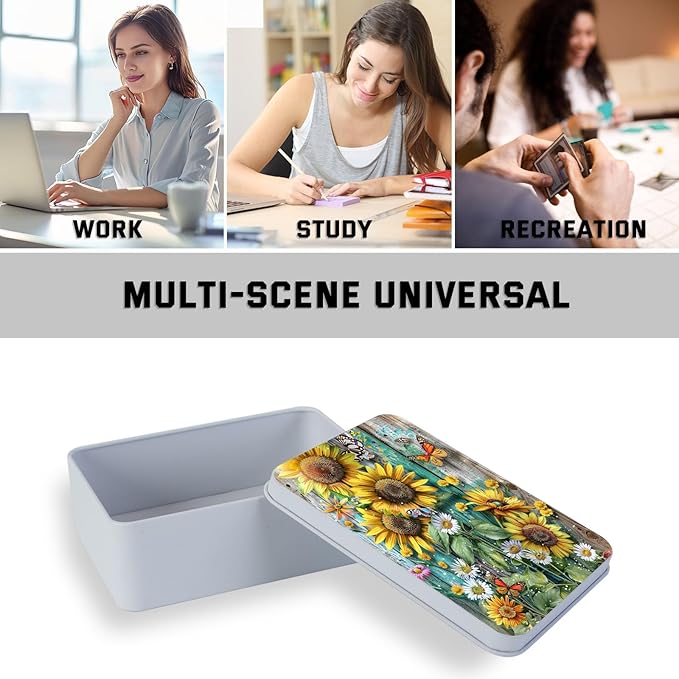 Metal Tin Box with Lid,Multi-functional Storage Large Box Can Store Tea Biscuits Game Cards, Playing & Tarot Cards-Comes with 4 Magnetic Cord Clips,Sunflowers Daisies and Butterflies