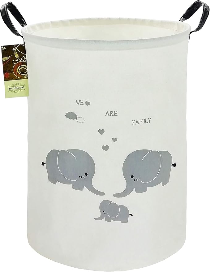 HUNRUNG Laundry Hamper,Large Canvas Fabric Lightweight Storage Basket Toy Organizer Dirty Clothes Collapsible Waterproof for College Dorms, Children Bedroom,Bathroomï¼Round-Family Elephantsï¼