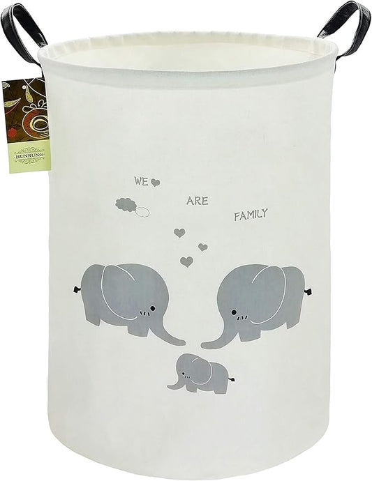 HUNRUNG Laundry Hamper,Large Canvas Fabric Lightweight Storage Basket Toy Organizer Dirty Clothes Collapsible Waterproof for College Dorms, Children Bedroom,Bathroomï¼Round-Family Elephantsï¼
