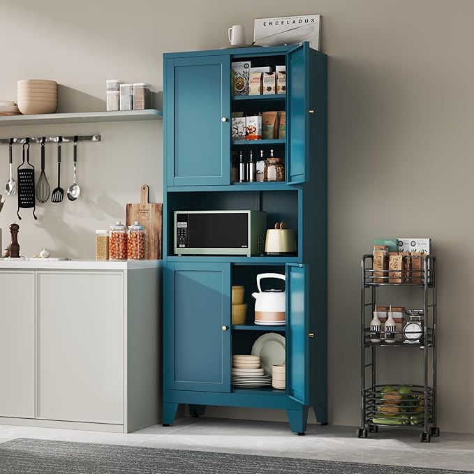 69" Tall Metal Pantry Cabinet with Microwave Shelf,Microwave Storage Cabinet with 4 Doors & 3 Adjustable Shelves,Metal Cabinet with Storage for Kitchen Dining Room Living Room(1PC,Blue)