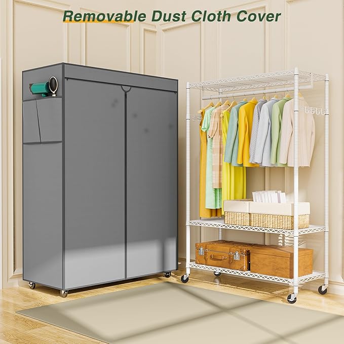 LEHOM G1C Heavy Duty Clothes Rack with Cover, Rolling Garment Rack for Hanging Clothes, Portable Closets with Oxford Fabric Cover, Freestanding Clothing Rack on Wheels (White+gray Cover, G1C)