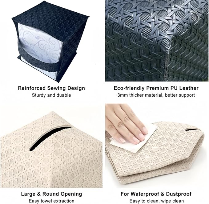 Tissue Box Cover Square Facial Tissue Case PU Leather Kleenex Box Cover Tissue Holder Napkin Holder Facial Paper Organizer Dispenser for Bathroom, Vanity Countertop, Tabletop, Car, Office(Black)