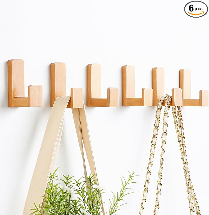 6 Pack Cute Kids Coat Wall Hooks Wooden Adhesive Decorative Colorful Wall Mounted Hangers Backpack Hooks for Hanging Keys Towel Clothes Bathroom Organization(Wood Color)