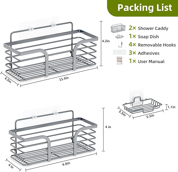 Yougai Shower Caddy, Shower Organizer with Soap Holder and Hooks, Rustproof Shower Shelves, No Drilling Bathroom Organizers and Storage, Wall-Mounted Kitchen & Home Decor (Light Grey)