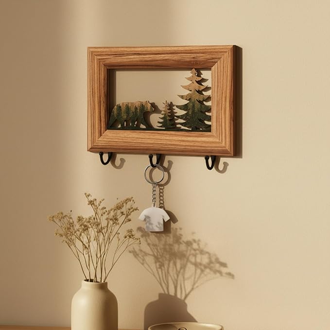 Woodland Bear Key Holder with 3 Metal Hooks Log Framed Black Bear Hooks Rustic Wildlife Cabin Farmhouse Forest Wall Mount Hanger Rack Key Hanger for Kitchen, Entryway, Hallway Decor