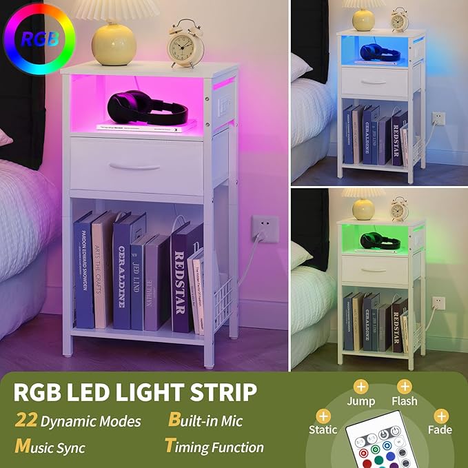 Yoobure Record Player Stand with Storage - End Table with Charging Station & LED Lights, Vinyl Record Storage Holds Up to 100 Albums, Nightstand with Drawer for Living Room Bedroom, White