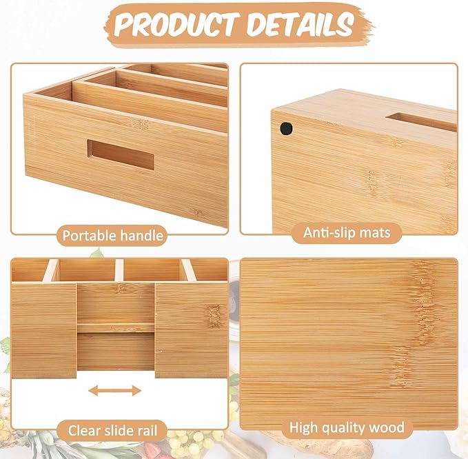 Juexica 11.8"-18.7" Expandable Bamboo Lid Organizer for Cabinet Adjustable Kitchen Cabinet Organizer Drawer Kitchen Organization with Dividers for Food Container Pantry Storage, Natural