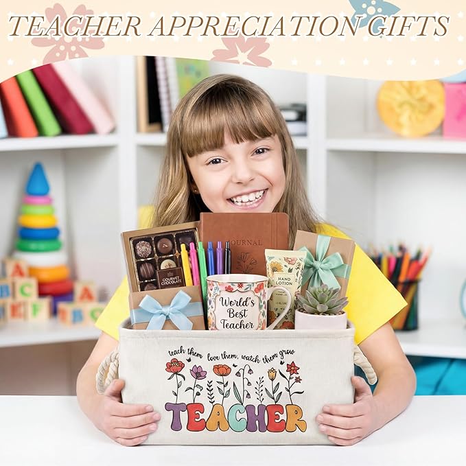 Marsui Teacher Basket Teacher Appreciation Gifts Book Storage Basket Large Foldable Linen Reading Accessories Back to School Teachers Gifts from Student Classroom Office Home