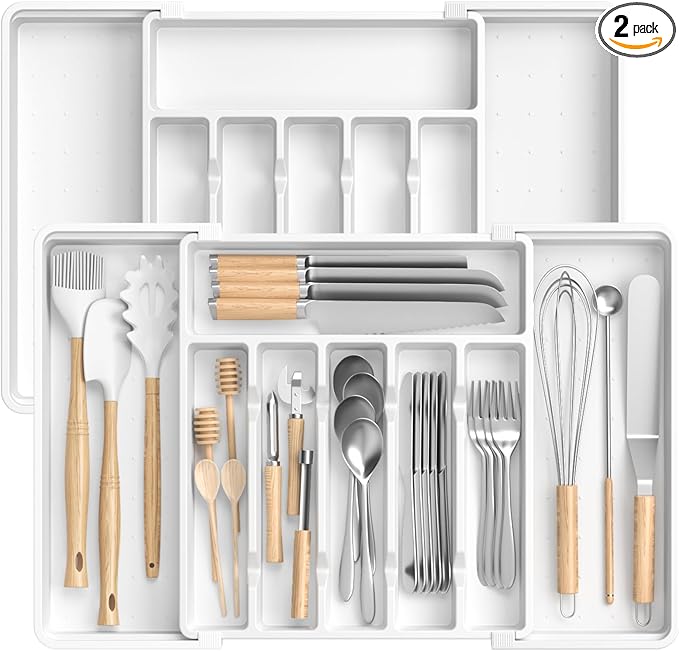 Large Silverware Organizer,Expandable Utensil Drawer Organizer,BPA Free Utensil Holder,Adjustable Silverware Tray Cutlery Drawer Organizer for Kitchen Flatware,Large,White,2 Pack