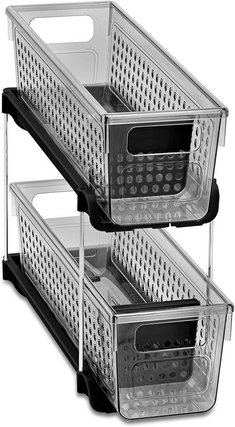 Madesmart Mini 2-Tier Plastic Multipurpose Organizer with Divided Slide-Out Storage Bins, Compact Under Sink and Cabinet Organizer Rack, Carbon
