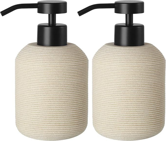 Hand Soap Dispenser, Beige Soap Dispenser for Bathroom 2 Pack, 12 Fl Oz Resin Soap and Lotion Dispensers Set with Plastic Pump, Boho Refillable Liquid Dish Soap Dispensers Bottle