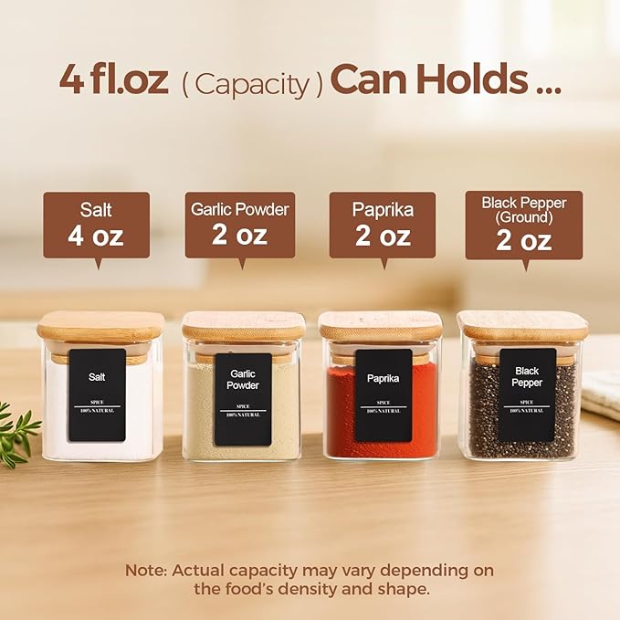 ComSaf 12Pcs Spice Jars with Labels, Glass Jar with Bamboo Lid, 4oz Airtight Square Spice Containers with Black Lables, Empty Seasoning Jars for Spice, Salt, Pepper, Sugar