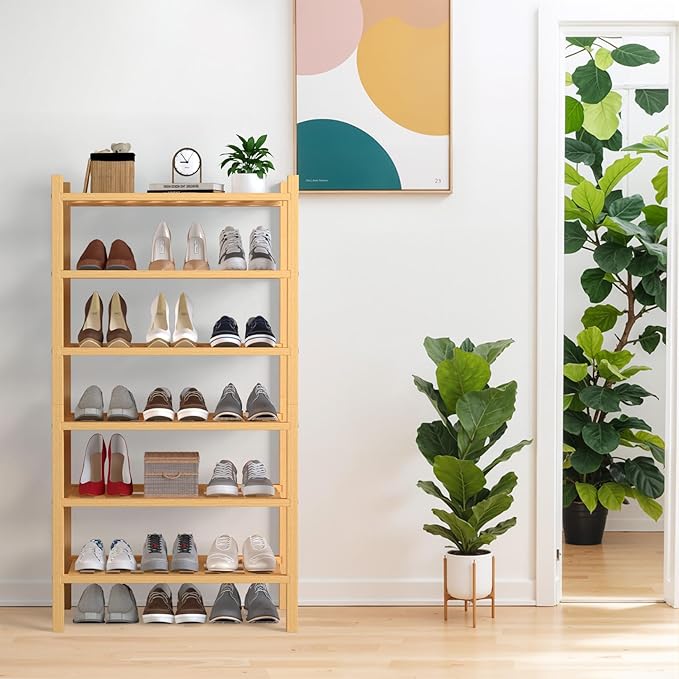 Haddockway Small 6 Tier Bamboo Shoe Rack Storage Organizer,Multifunctional Free Standing Stackable Shoe Shelf with Grid Panel for Closet,Hallway,Entryway,Small Space 18"x11"x34"