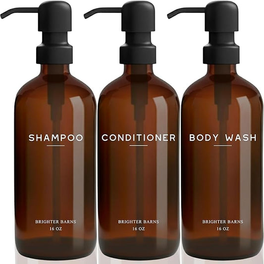 Amber Shampoo and Conditioner Dispenser Set by Brighter Barns - Body Wash and Shampoo Bottles with Pump - Refillable Plastic Shower Dispenser for Modern Bathroom Decor in Vacation Rental, Spa (Amber)