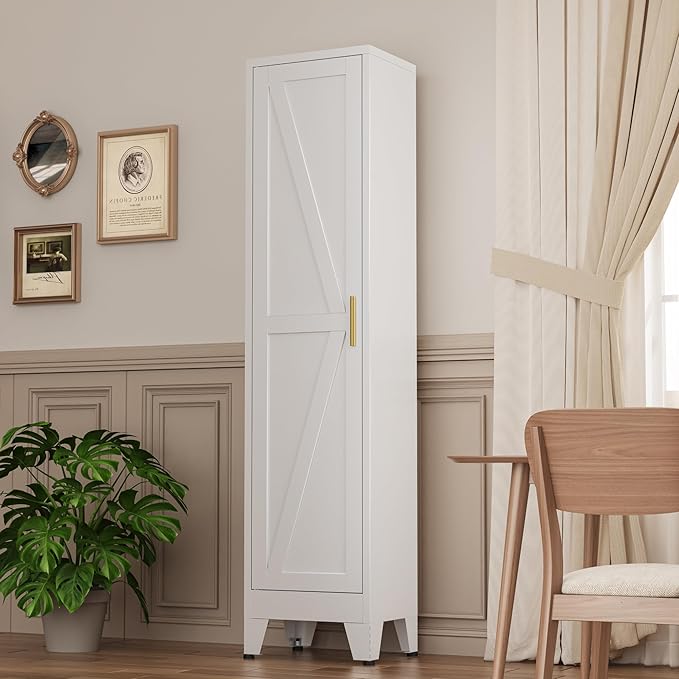 White Narrow Metal Storage Cabinet, Tall Freestanding Cabinet with 4 Adjustable Shelves & Barn Doors, Pantry Organizer for Bathroom Kitchen Home Office Dining Room（1PC,White）