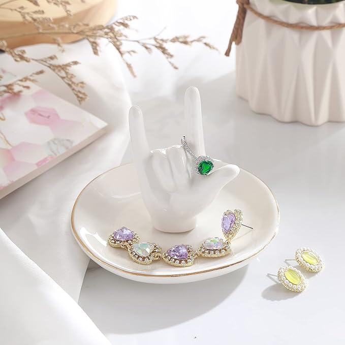 PUDDING CABIN Ring Holder - I Love You Hand, Ceramic Jewelry Dish, Valentine's Day, Wedding, Birthday, Mothers Day Gifts for Women