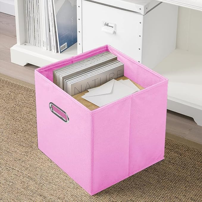 ShellKingdom Storage Bins, Foldable Fabric Storage Cubes And Cloth Storage Organizer Drawer with Metal Handle For Closet And Toys Storage, 11 X 10.5 X 10.5 INCH, 6 Pack (Pink)