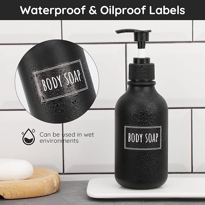 Segbeauty 36PCS Black Waterproof Labels, Self-Adhesive Bathroom Labels for Organizing, Removable Printed Shampoo Conditioner Body Soap Bath Salt Essential Oil Label Stickers for Plastic Glass Bottles