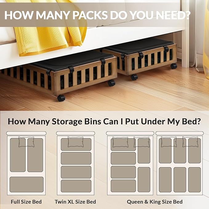 2 Pack Bamboo Under Bed Storage with Wheels, 39âx20âx7.8â Lager Under Bed Storage Containers (Brown)