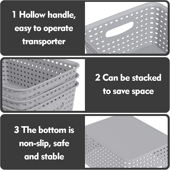 6-Pack Plastic Storage Baskets, Woven Plastic Open Storage Bin, Grey Basket for Organizing, 10.3" x 7.48" x 4.09"