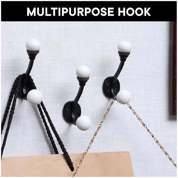 Indian Shelf Pack of 12 Double Prong White Decorative Coat Hooks Unique Coat Rack Wall Mount Ceramic Wall Hooks for Hanging Towel Holder Backpack Purse Hanger- Style 2