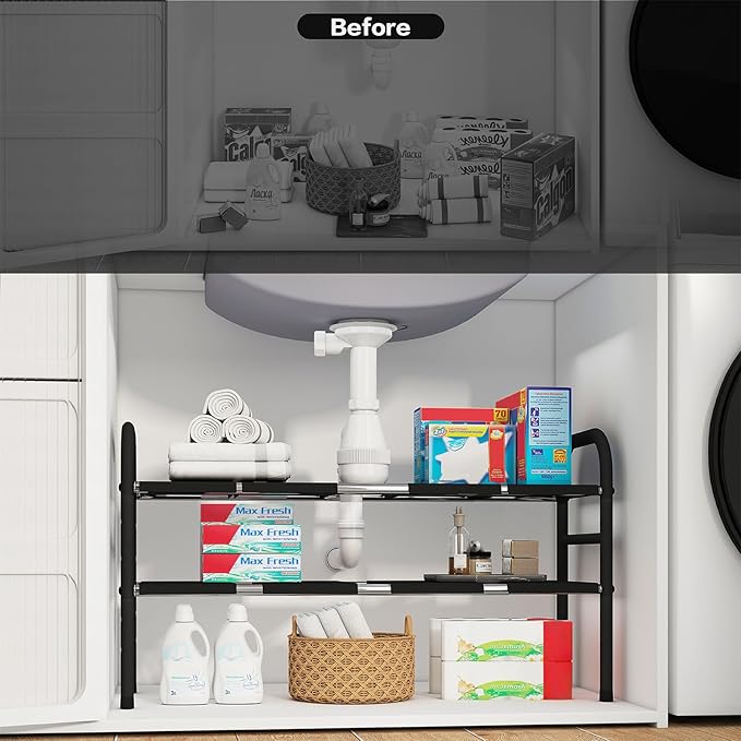 Expandable Under Sink Organizers, 2-Tier Kitchen Bathroom Cabinet Storage Counter Shelf, Shoe Storage Rack with 8 Removable Plastic Boards for Kitchen, Bathroom, Pantry, Entryway, Closet