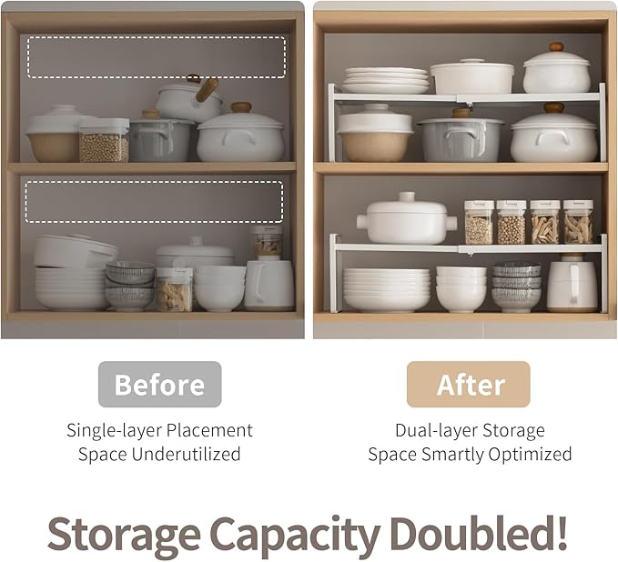 Expandable Cabinet Countertop Shelves, Stackable Shelves Organizers for Kitchen Cabinet Countertop Storage, Adjustable Counter Pantry Organizer Shelf Rack Stand
