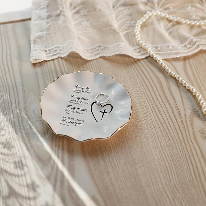 HOME SMILE Christian Gifts for Mom Faith Ring Dish with Bible Verse Prayers, Religious Spiritual Gifts for Women Friend Birthday - Every Second God He Loves You