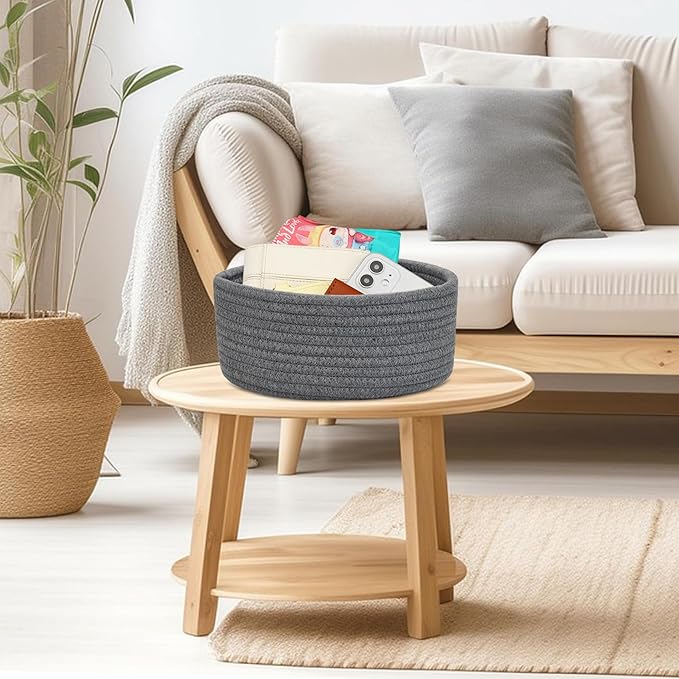 ABenkle Small Woven Basket, Empty Tiny Shallow Storage Basket, Mini Cotton Rope Baskets, Round Decorative Hamper, Basket Storage Bins for Toys, Spa, Socks, Nursery, Living Room