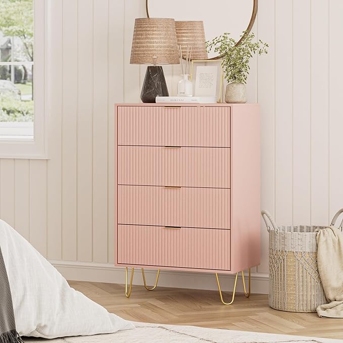 Masupu 4 Drawer Dresser, Drawer Chest, Tall Storage Dresser Chest Cabinet Organizer Unit with Gold Metal Legs, Nightstand for Bedroom, Living Room, Closet, Hallway Pink Stripe