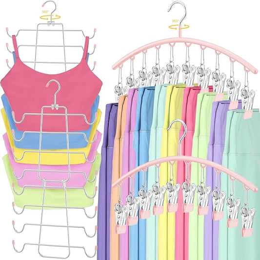 TomCare 360° Swivel 2 Pack Tank Top Hanger and 2 Pack Leggings Organizers Space Saving Sport Bras Organizer Metal Yoga Pants Hangers with 20 Clips Hanging Closet Organizers and Storage, Pink