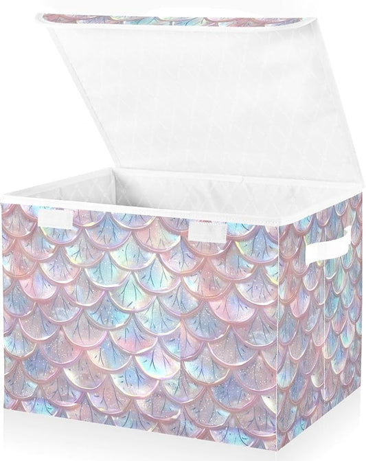 senya Baskets Collapsible Storage Bins with Lids, Pastel Sheer Mermaid Scales Storage Boxes Clothes Baskets for Organizing, B06D22020